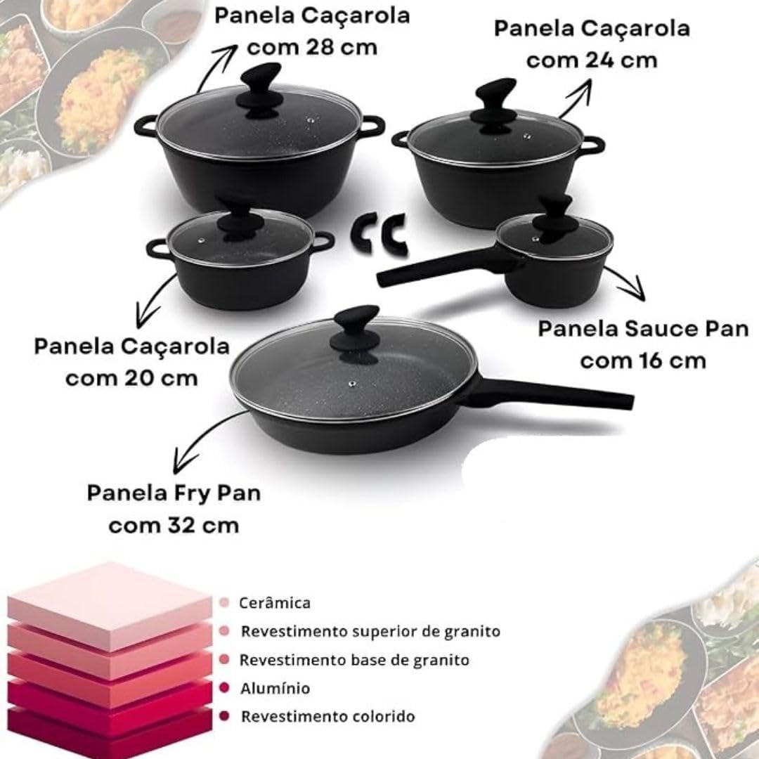 Jogo De Panelas Cookware 5 Peças Revestimento De Granito