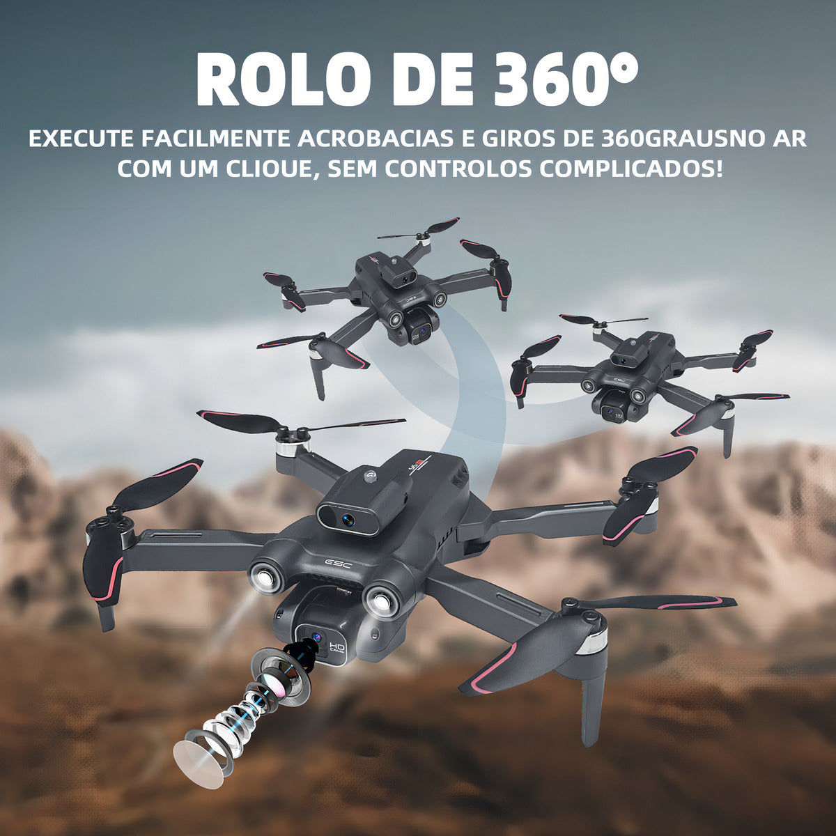 Drone com Câmera HD, Controle Remoto, Sensor de Obstáculos, 2 Baterias 3.7V 1800mAh