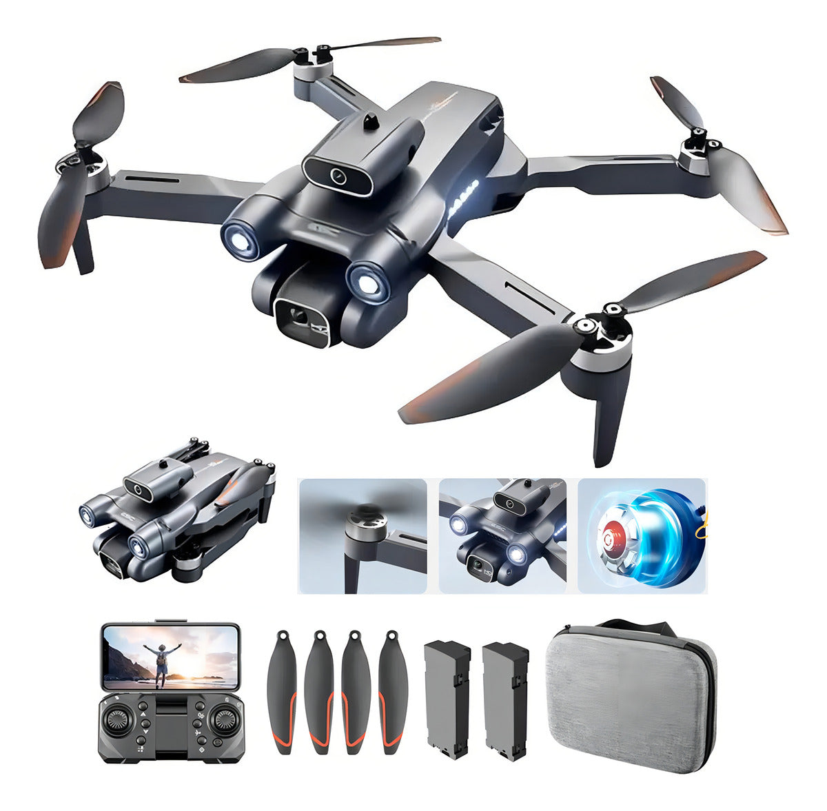 Drone com Câmera HD, Controle Remoto, Sensor de Obstáculos, 2 Baterias 3.7V 1800mAh